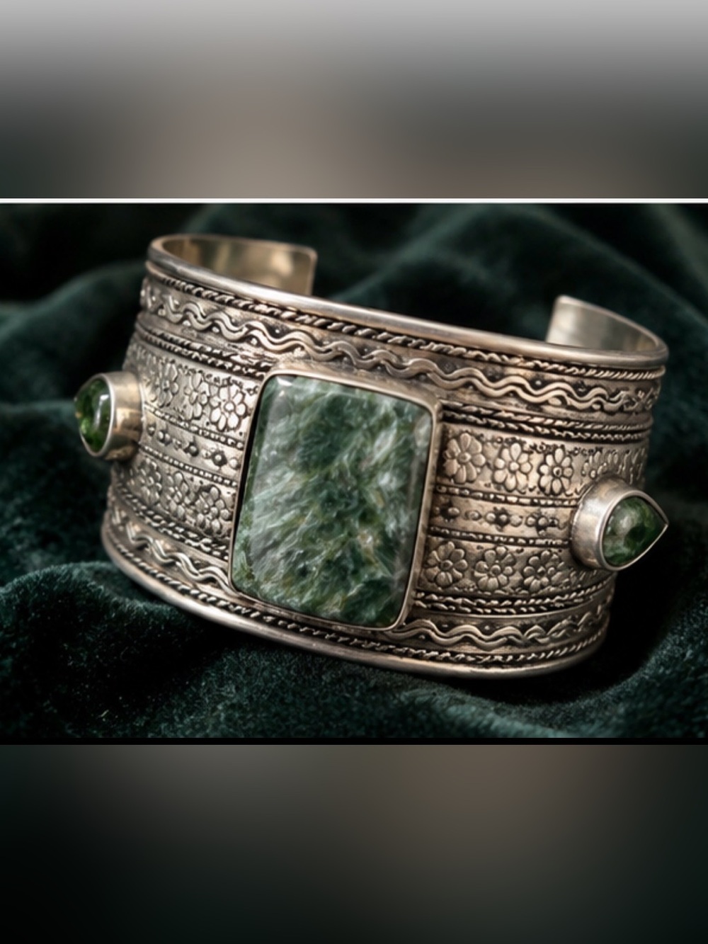 Handcrafted Silver Cuff Bracelet with Green Stone Accent